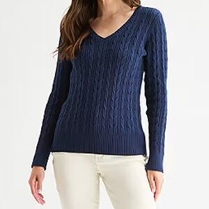 Navy Cable Knit V-Neck Sweater